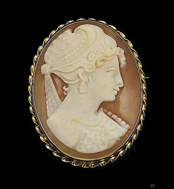 Italian Well Carved Shell & 14k Gold Cameo Pin Brooch Pendant