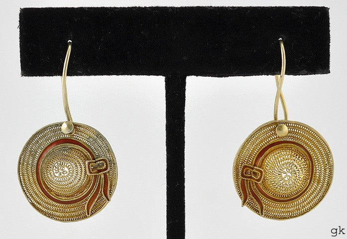 VTG Gilt Sterling Silver Enamel Filigree Woven Gardening Beach Sun Hat Earrings
