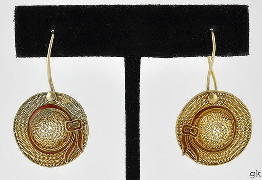 VTG Gilt Sterling Silver Enamel Filigree Woven Gardening Beach Sun Hat Earrings