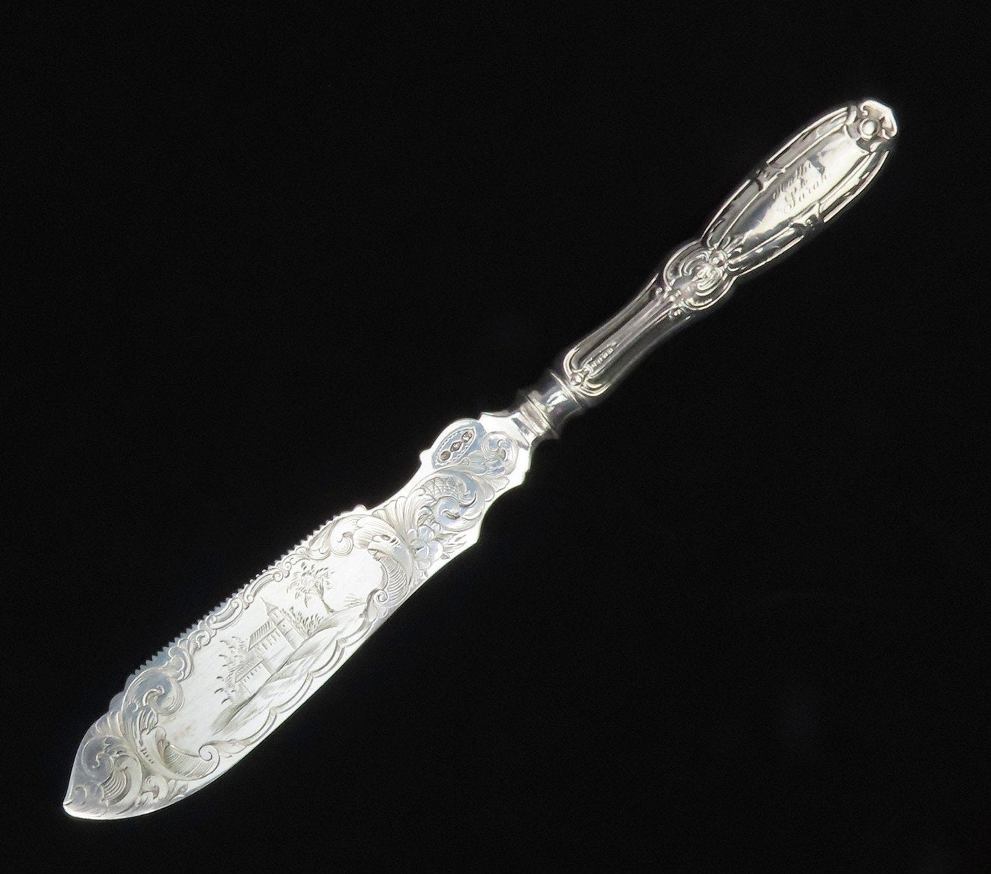 Rare c1850 Albert Coles Coin Silver Jenny Lind Engraved Ice Cream Slice Knife