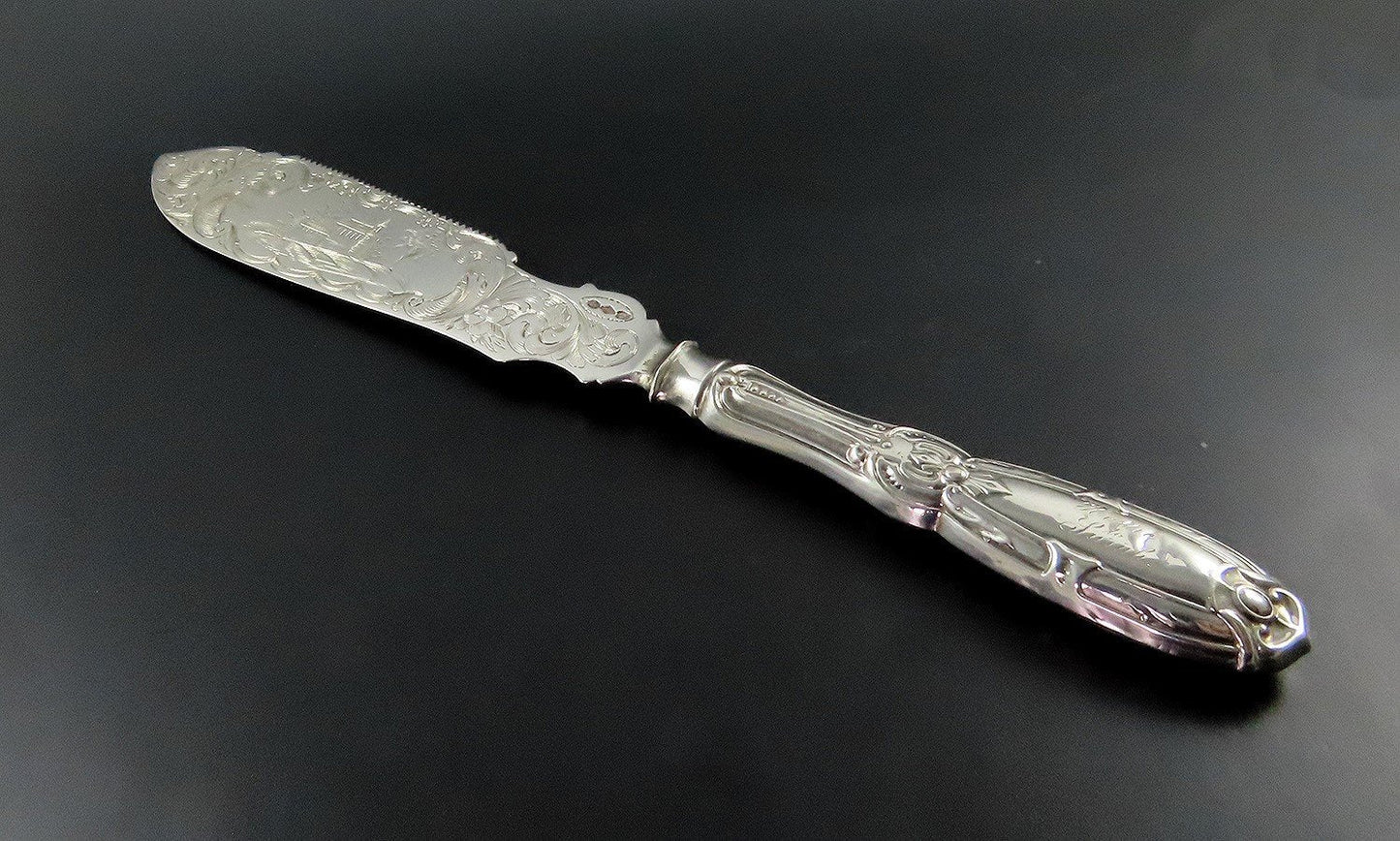 Rare c1850 Albert Coles Coin Silver Jenny Lind Engraved Ice Cream Slice Knife