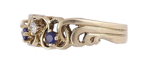 Lovely 14k Yellow Gold Diamond & Sapphire Ring Modern Woven Heart Design