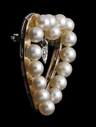 Pretty 14k Yellow Gold Pearl Diamond Heart Pin Brooch