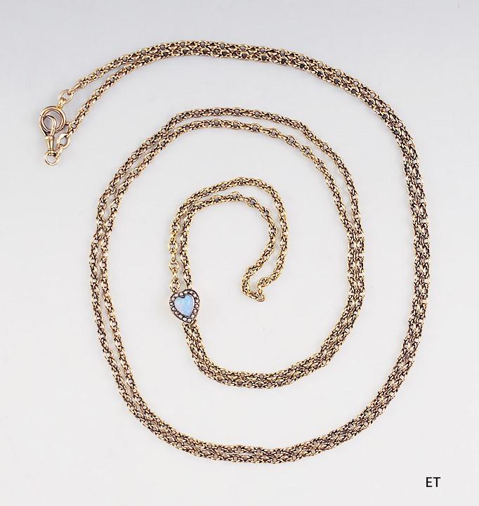 Gorgeous c1900 14k Rose Gold Chain w/Opal & Pearl Heart Slider