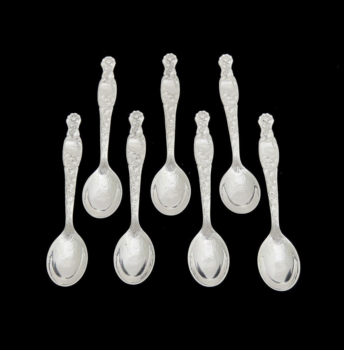 Rare Set 7 Whiting Sterling Silver Heraldic Demitasse Coffee Spoons No Mono