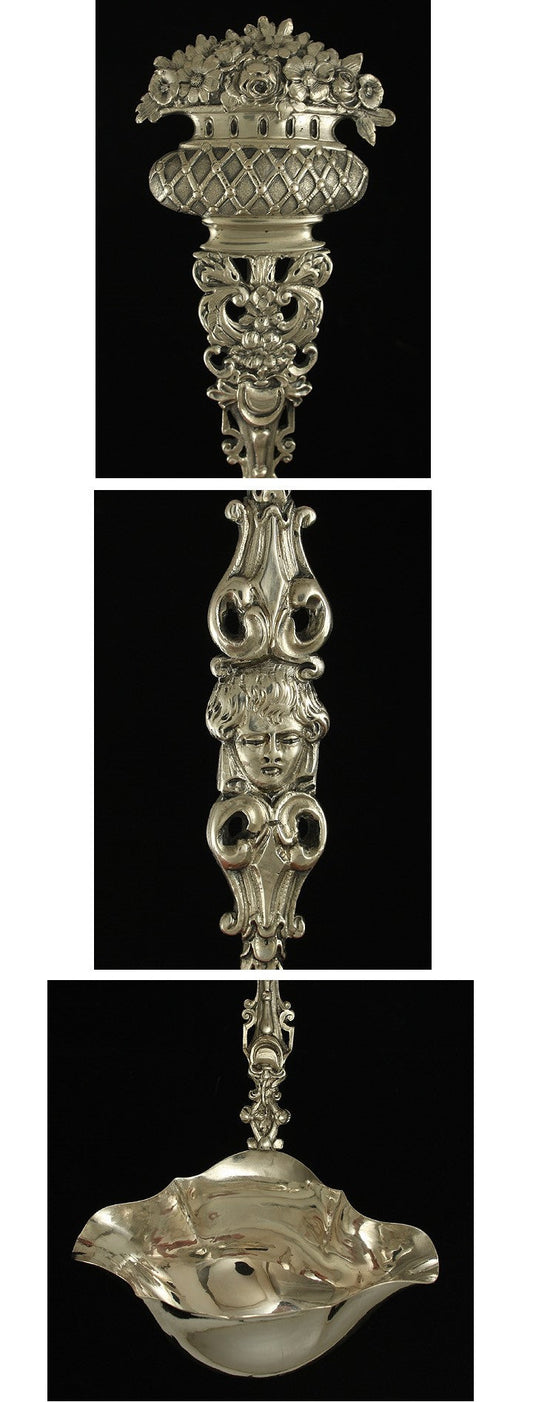 Antique 19th Century German Art Nouveau Silver Punch Soup Double Spout Ladle