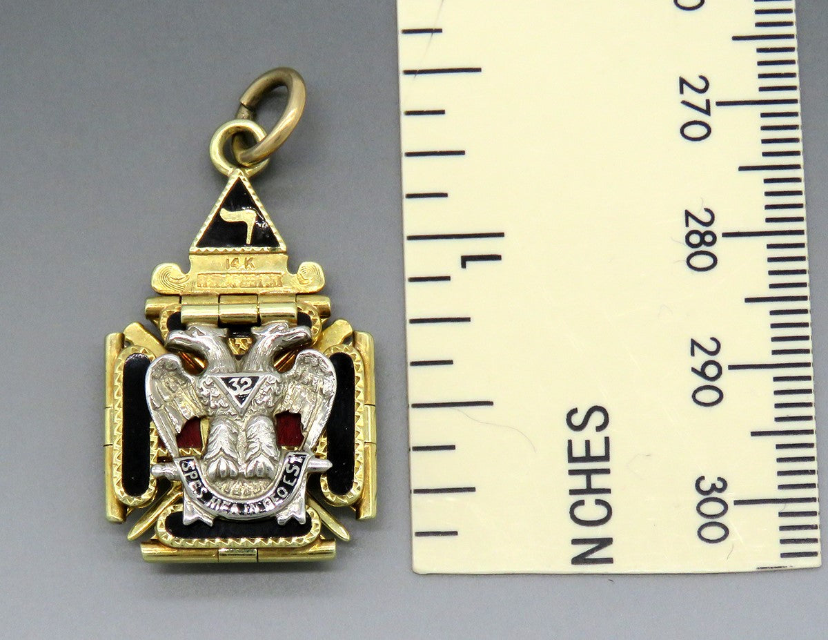 RARE c1890 14k Gold Freemason Masonic 32 Degree Scottish Rite 4 Fold Fob Pendant