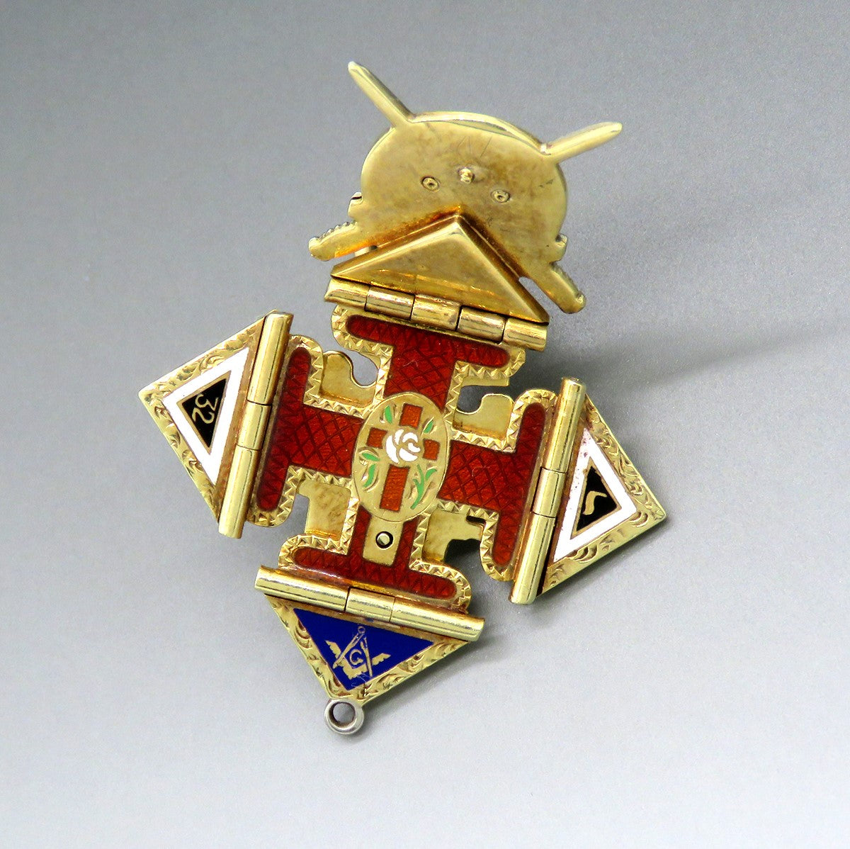 RARE c1890 14k Gold Freemason Masonic 32 Degree Scottish Rite 4 Fold Fob Pendant