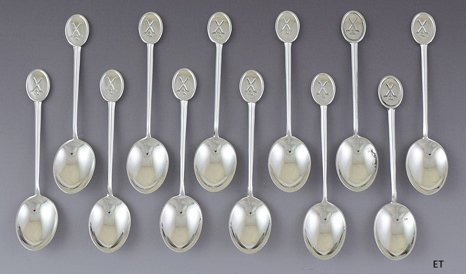 Fine set 12 English Sterling Silver Golf Club & Ball Demitasse Spoons