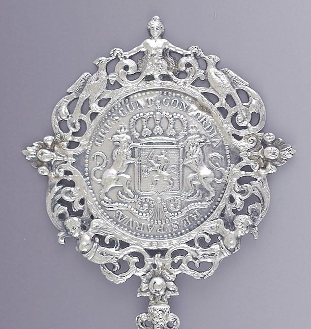 1895 Fab Dutch .833 Silver Serving Spoon w Nice Crest Medallion Design 14"