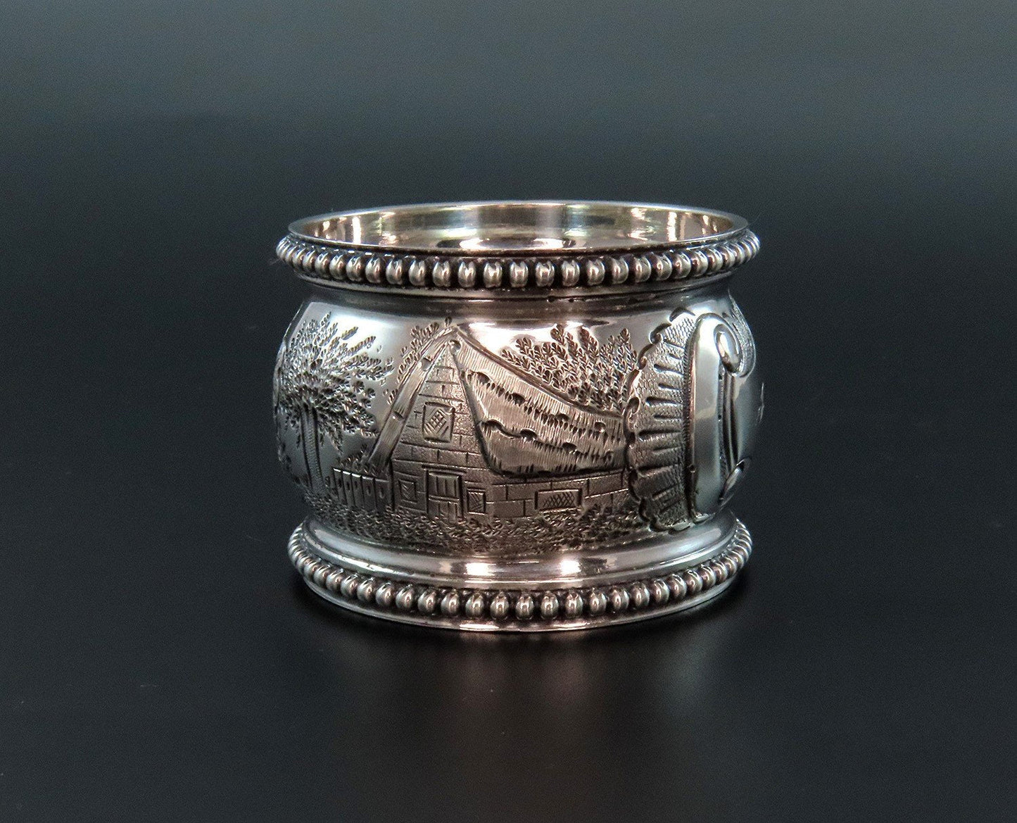 1850s American Coin Silver Large Napkin Ring Hand Chased Barns Trees