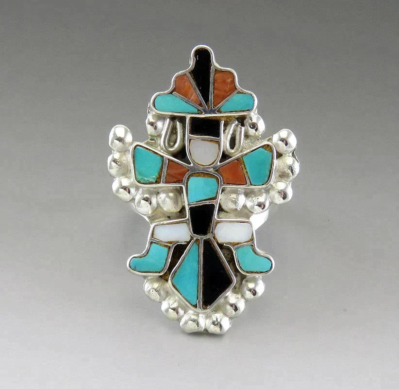 Handcrafted Native American Indian Sterling Silver Onyx Turquoise Shell Ring