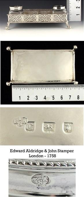 1758 English Sterling Filigree Inkwell Desk Stand