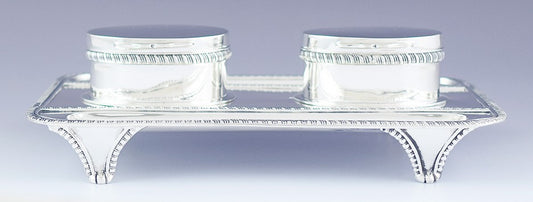 1892 Superb English Sterling Silver Double Partners Inkwell Stand