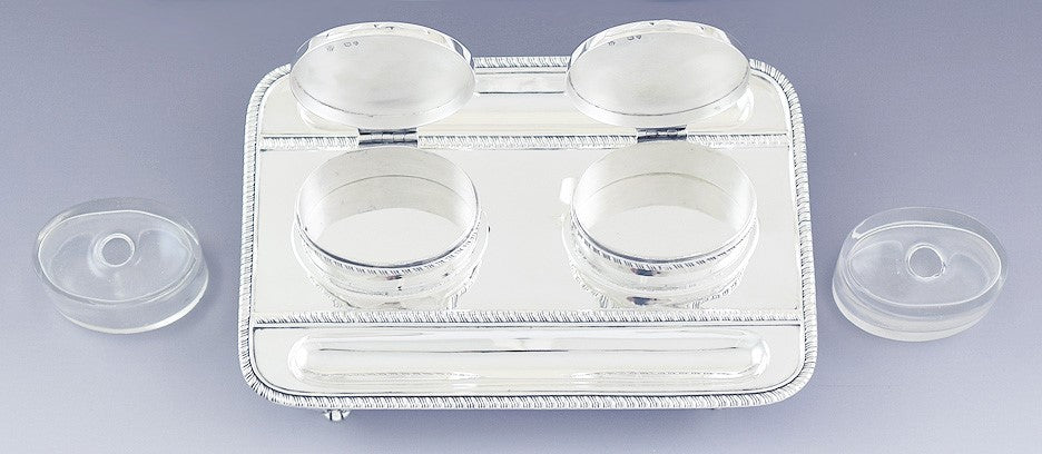 1892 Superb English Sterling Silver Double Partners Inkwell Stand