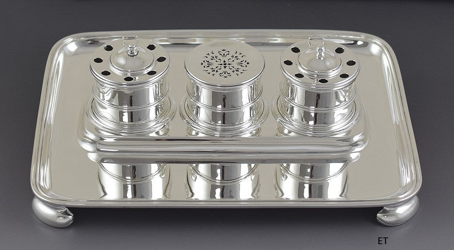 1916 English Crichton Sterling Silver Queen Anne Style Standish Inkwell Set