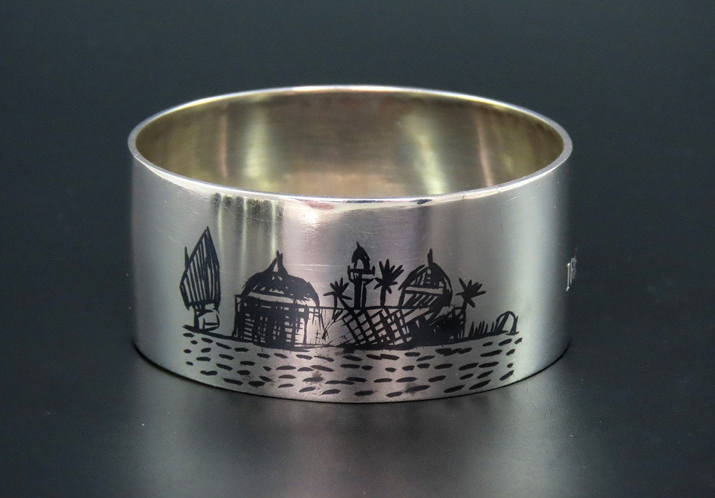 Neat Middle Eastern Silver Napkin Ring Engraved "Irene" Enamel Painted Scenes
