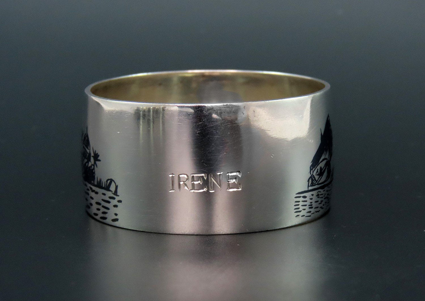 Neat Middle Eastern Silver Napkin Ring Engraved "Irene" Enamel Painted Scenes