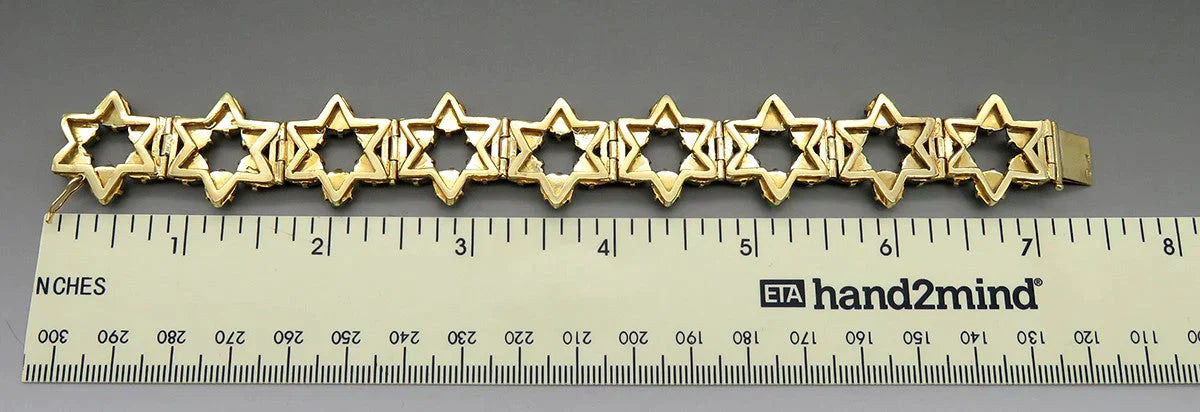 Well Made 14K Yellow Gold Aventurine Stone Star Flower Linked Bracelet 7"