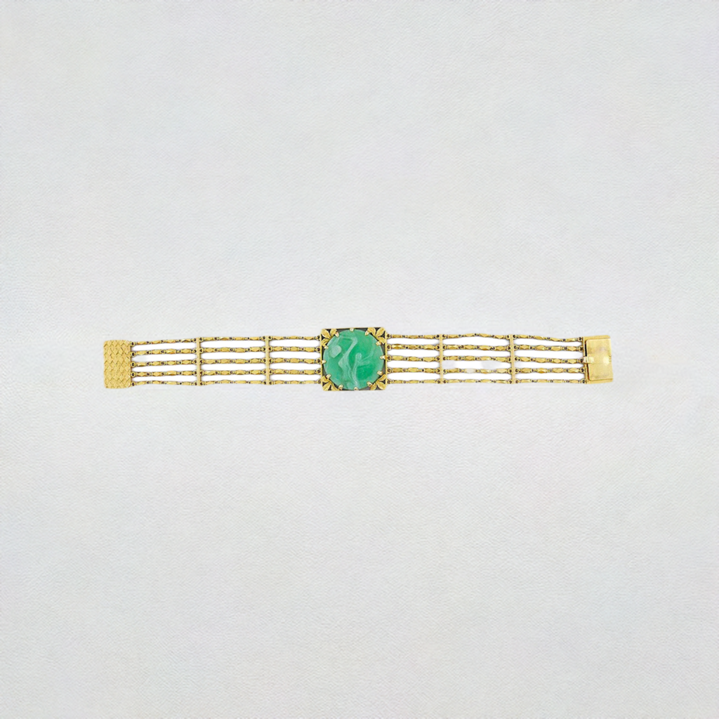 Stunning 14k Gold Hand Carved Chinese Jadeite Jade Peach Longevity Bracelet