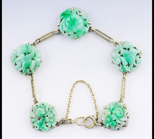 c1910s-1920s Carved Green Jade 14k Yellow Gold Bracelet Flowers and Birds Design
