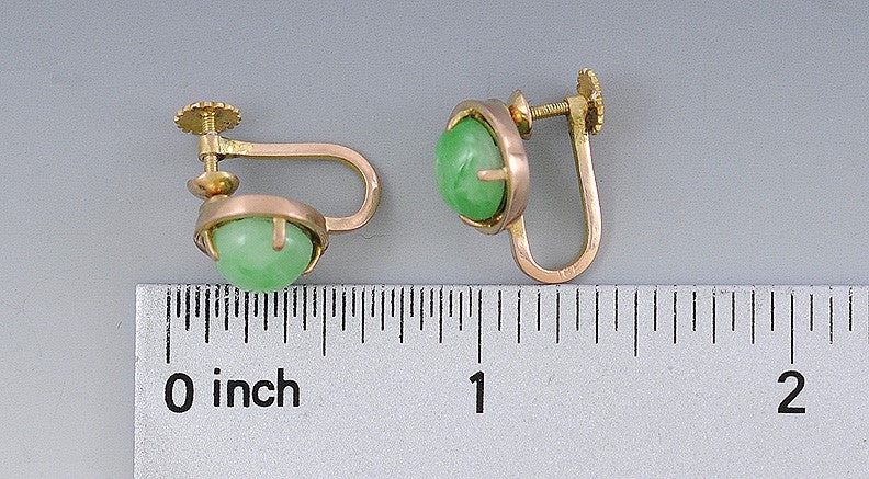 Nice Pair 1940s Asian 18k Gold & Jade Cabochon Earrings