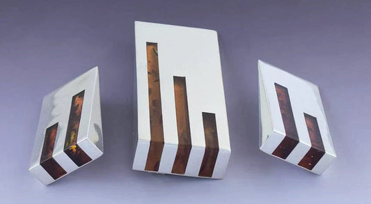 Polish Moderne Sterling Silver Amber Inlay Pin Brooch Matching Earrings Set