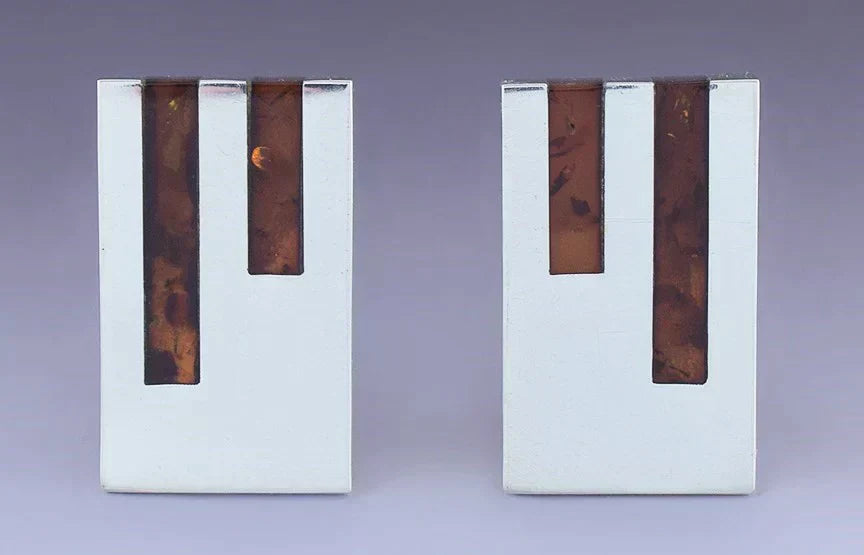 Polish Moderne Sterling Silver Amber Inlay Pin Brooch Matching Earrings Set