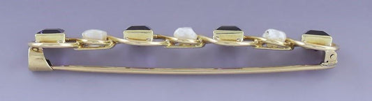 c1880s Wonderful 14k Gold Amethyst Pearl Bar Pin / Brooch