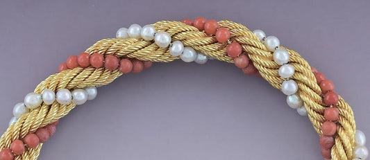 Beautiful 18k Yellow Gold Pearl Coral Twist Cable Ropetwist Bracelet