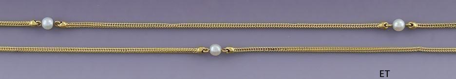 c1880s Victorian 14k Yellow Gold Foxtail Pearl Station Necklace/Fob Watch Chain