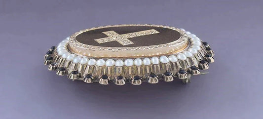 Charming Victorian 14k Gold Pearl Onyx Cross Locket Brooch / Pin