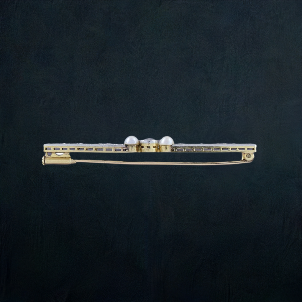 Classic European c1910 Platinum, 18k Gold Pearl and Diamond Bar Pin Brooch