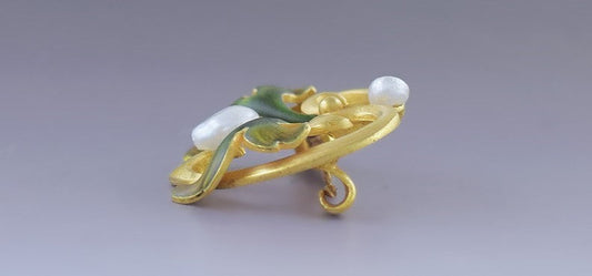 Art Nouveau Antique c1900 Krementz 14K Enameled Gold & Pearl Pin Brooch