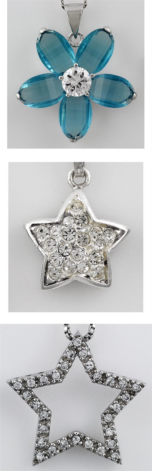 3 Sterling Silver Necklaces w/ Star Flower Pendants Diamond Rhinestones