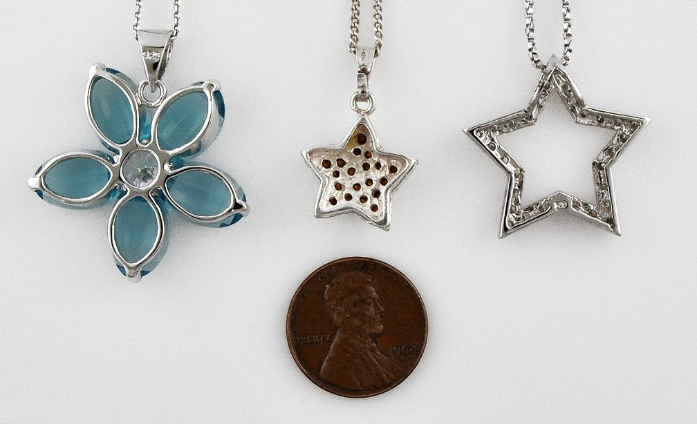 3 Sterling Silver Necklaces w/ Star Flower Pendants Diamond Rhinestones