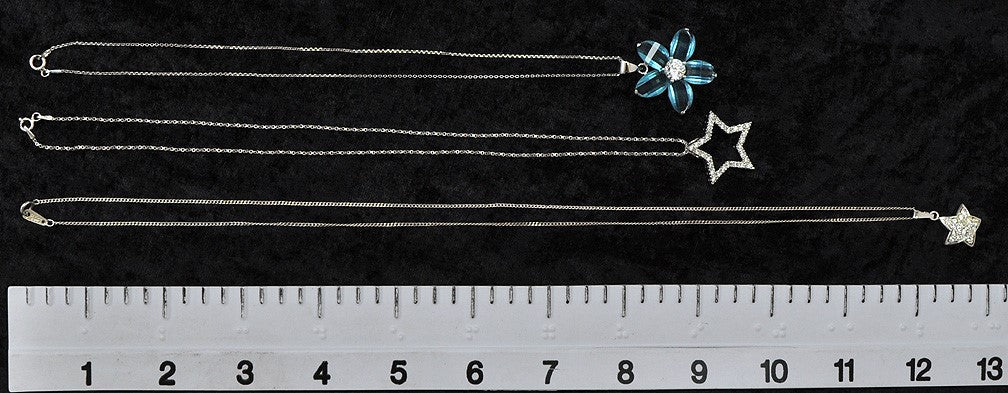 3 Sterling Silver Necklaces w/ Star Flower Pendants Diamond Rhinestones