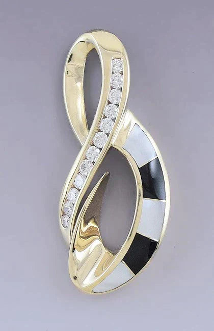 Stylish 14k Gold Diamond Onyx Mother-of-pearl Pair Earrings & Pendant Set