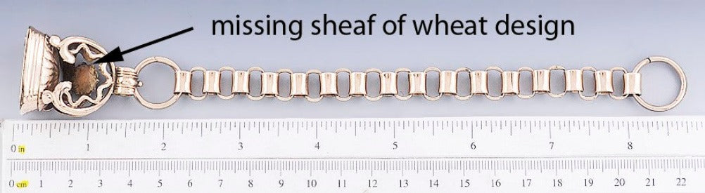 Mid 1800s Victorian 10k Rose Gold Clear Stone Wheat Sheaf Fob on Large Chain
