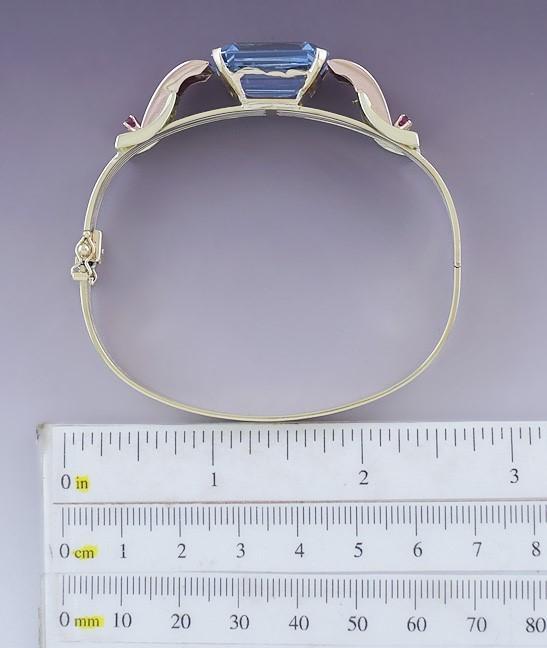 Superb Retro 14k Two Tone Gold Ruby Diamond & Blue Spinel Cuff Bangle Bracelet