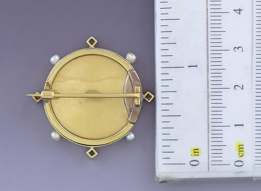 Superb Victorian 18k Gold Diamond Pearl Miniature Portrait of a Young Woman Pin