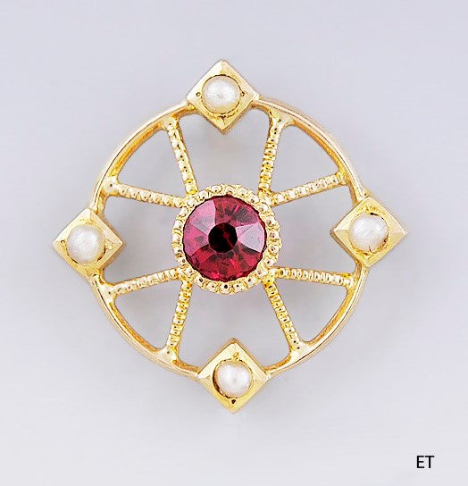 Fabulous early 1900s 10k Gold Red Stone & Seed Pearl Stickpin