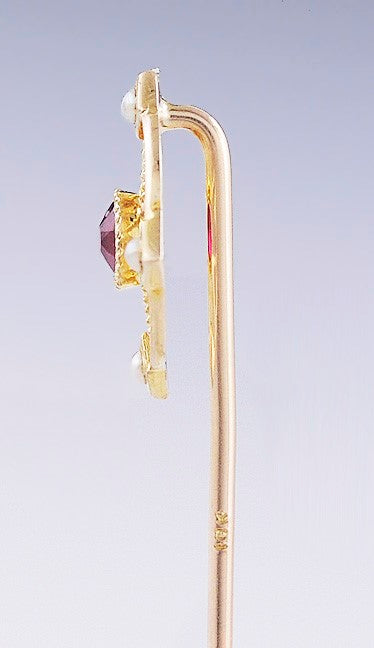Fabulous early 1900s 10k Gold Red Stone & Seed Pearl Stickpin