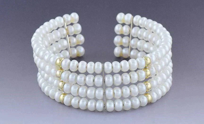 Modern Beautiful 14K Yellow Gold & Pearl Cuff Bracelet