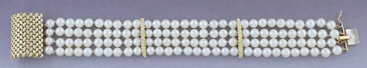 Elegant 14k Yellow Gold and Pearl 4 Strand Bracelet Woven Clasp Design