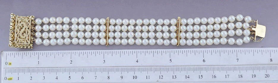 Elegant 14k Yellow Gold and Pearl 4 Strand Bracelet Woven Clasp Design