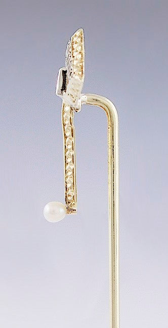 c1910s-1920s 14k Gold Seed Pearl & Red Stone Stickpin