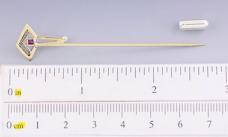 c1910s-1920s 14k Gold Seed Pearl & Red Stone Stickpin