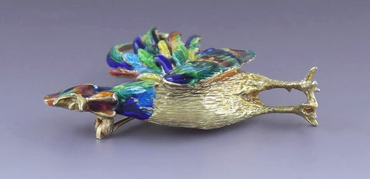 Modern 14K Yellow Gold Colorful Enamel Crowing Rooster Chicken Pin Brooch
