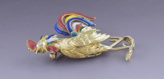 Fabulous Italian 18k Gold & Colorful Enamel Rooster Pin / Brooch